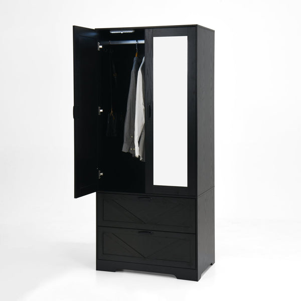 English Elm 2 Door Wardrobe Closet with Full Length Mirror Motion Light Hanging Rod and Drawers Black W409P266778
