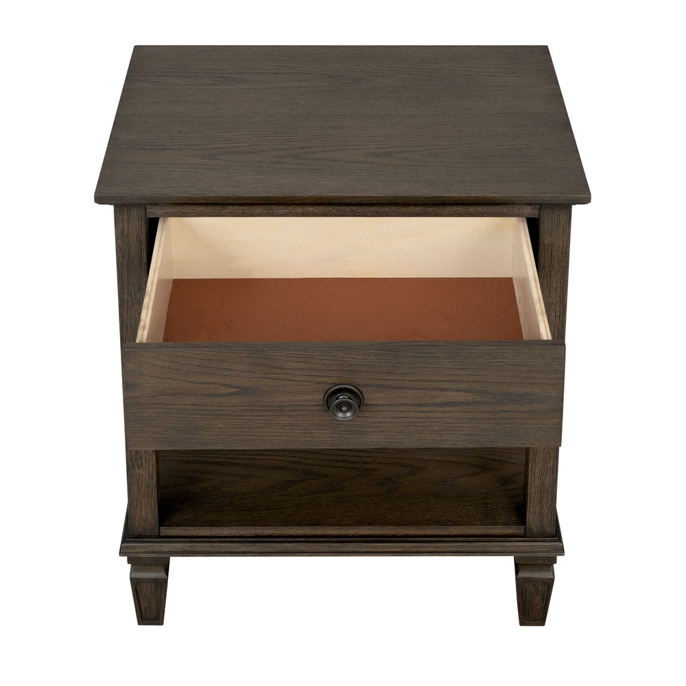 JLA Home Madison Park Signature - one-drawer Victoria nightstand with tapered legs, smooth-glide drawer and open shelf—timeless wood appeal Antique Brown MPS136-0310