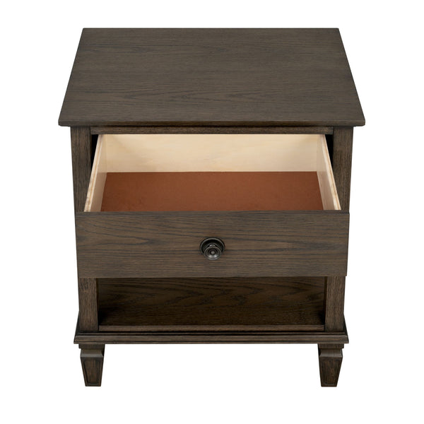 JLA Home Madison Park Signature - one-drawer Victoria nightstand with tapered legs, smooth-glide drawer and open shelf—timeless wood appeal Antique Brown MPS136-0310