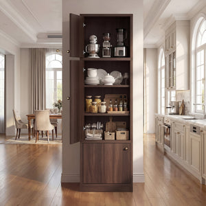 English Elm Tall Slim Freestanding Pantry Cabinet with Adjustable Shelves and Drawer for Small Spaces Walnut B2764P483842