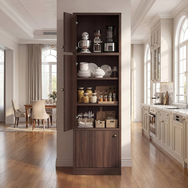 English Elm Tall Slim Freestanding Pantry Cabinet with Adjustable Shelves and Drawer for Small Spaces Walnut B2764P483842