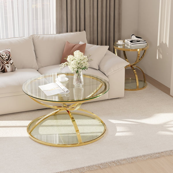 English Elm Modern Two-piece Round Tempered Glass Coffee Table Set with Gold Iron Ring Frames W757S00057