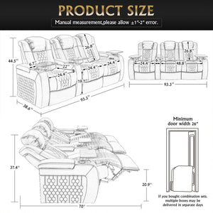English Elm 93.3"power Recliner Set Nappa Leather Home Theater Rgb Lighting Usb Charging W3819S00093