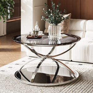 English Elm 31.50'' Round Chrome Ring Glass Coffee Table Two Tier Smoked Tempered Top Modern Living Room W757P412804