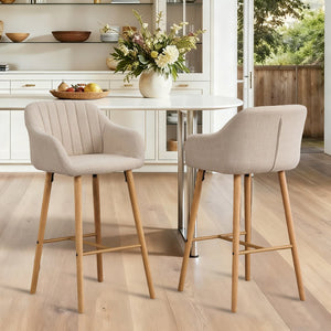 English Elm Modern Linen Upholstered Barstools with Oak Legs Armrests and Footrest for Kitchen Islands Beige W395P396313