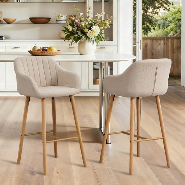 English Elm Modern Linen Upholstered Barstools with Oak Legs Armrests and Footrest for Kitchen Islands Beige W395P396313