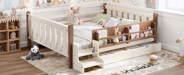 English Elm Queen Bunk Bed with Trundle Solid Pine Kids Car Themed Frame Built-in Bookshelf Beige W1580S00542