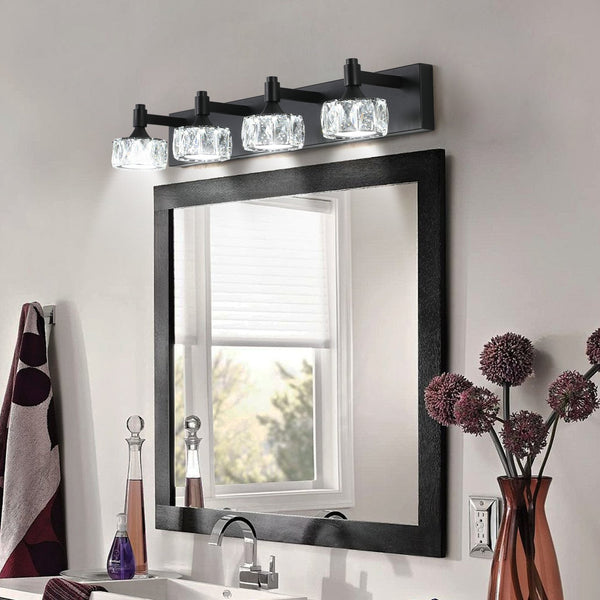 English Elm Modern Matte Black 4 Light Led Vanity Bar Crystal Shades Bathroom Wall Sconce W1340P206825