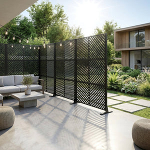 English Elm Metal Freestanding Privacy Screen Geometric Powder Coated Outdoor Patio Divider Panel W347P421269