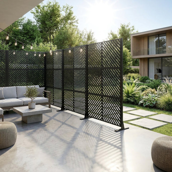 English Elm Metal Freestanding Privacy Screen Geometric Powder Coated Outdoor Patio Divider Panel W347P421269