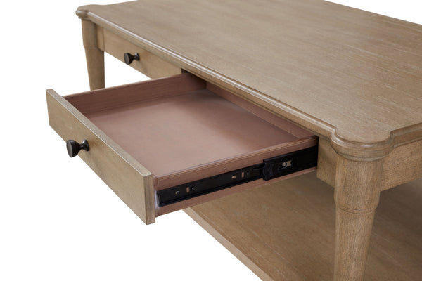 English Elm Sand Sand Colored Cocktail Table with 2 Drawers, Casters & Transitional Solid Wood Design for Living B2699P218287