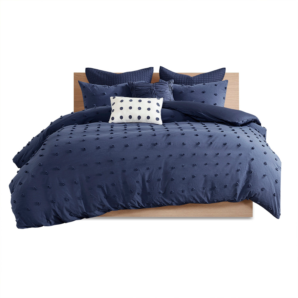 JLA Home Urban Habitat - Cotton Brooklyn Jacquard Duvet Cover Set with Tufted Chenille Dots, Euro Shams & Decorative Pillows Navy UH12-2266