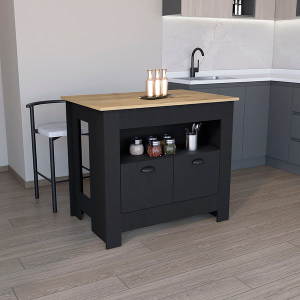 English Elm Floyd Modern Kitchen Island 35.3" H Black/Macadamia – 2 Doors, 3 Shelves, Engineered Wood Storage B097P199733