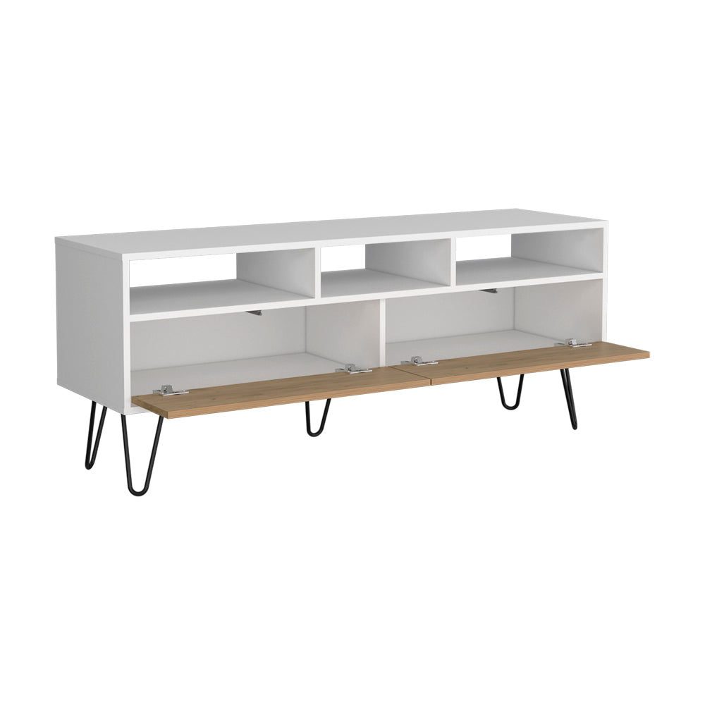 English Elm Glenns Ferry TV Stand with Hairpin Legs - White & Macadamia Engineered Wood, Cable-Friendly Storage B092P286119