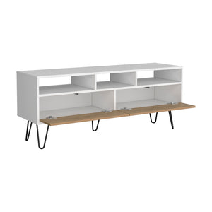 English Elm Glenns Ferry TV Stand with Hairpin Legs - White & Macadamia Engineered Wood, Cable-Friendly Storage B092P286119
