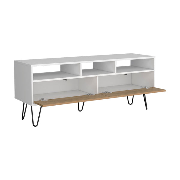 English Elm Glenns Ferry TV Stand with Hairpin Legs - White & Macadamia Engineered Wood, Cable-Friendly Storage B092P286119