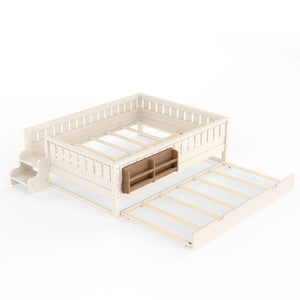 English Elm Queen Bunk Bed with Trundle Solid Pine Kids Car Themed Frame Built-in Bookshelf Beige W1580S00562