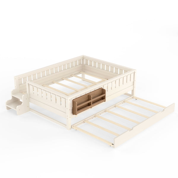 English Elm Queen Bunk Bed with Trundle Solid Pine Kids Car Themed Frame Built-in Bookshelf Beige W1580S00562