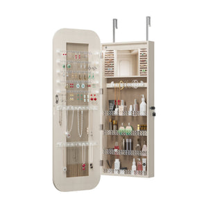 English Elm Jewelry Cabinet Armoire With Full-Length Mirror, Lighted Organizer, Lockable Storage & Modern Design W3406P340449