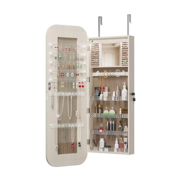 English Elm Jewelry Cabinet Armoire With Full-Length Mirror, Lighted Organizer, Lockable Storage & Modern Design W3406P340449