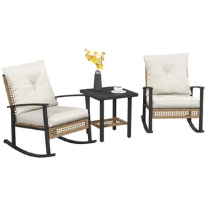 English Elm Patio Pe Rattan Rocking Chair Set with Tufted Cushions and Matching Coffee Table Beige+White,Natural T3971P419108