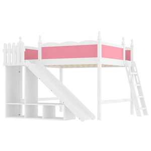 English Elm Queen Loft Bed With Fun Slide, Storage Shelves, Solid Wood Construction, Pink & White Finish, Easy Assemble W1580S00248-GIGA