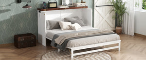 English Elm Murphy Cabinet Queen Bed Solid Pine Frame with Built-in Charging Station for Guest Rooms White+Walnut W504S00193