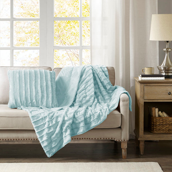 JLA Home Madison Park - Faux Plush Faux Fur Square Pillow — Ultra-Soft OEKO-TEX Certified Accent for Cozy, Modern Décor Blue MP30-5785