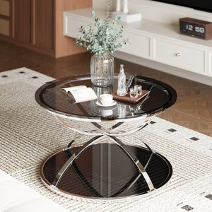 English Elm 31.50'' Round Chrome Ring Glass Coffee Table Two Tier Smoked Tempered Top Modern Living Room W757P412804
