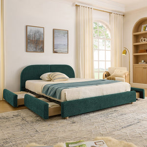 English Elm Queen Platform Bed Curved Headboard Circle Yarn Fabric with Four Wheeled Storage Drawers Green W487S00478