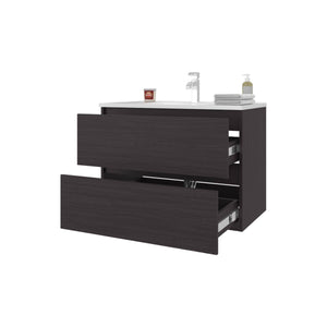 English Elm Wengue Wall-Mounted Floating Vanity with Two Drawers and Sink – Sleek Waterproof Wenge Finish, Space-Saving Design B062P355538