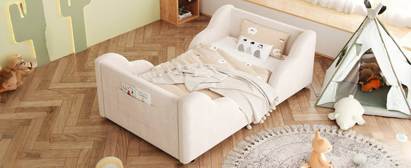 English Elm Toddler Floor Bed Velvet Upholstered Cloud Frame with Safety Rails and Storage Pocket N899P452412A
