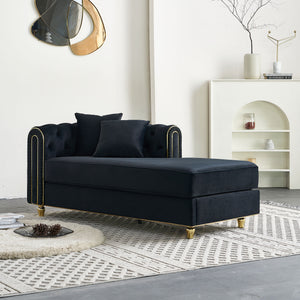 English Elm 66.9''W Velvet Chaise Lounge with Tufted Back and Gold Trim, Luxury Modern Sofa for Living Room Black W579P224635