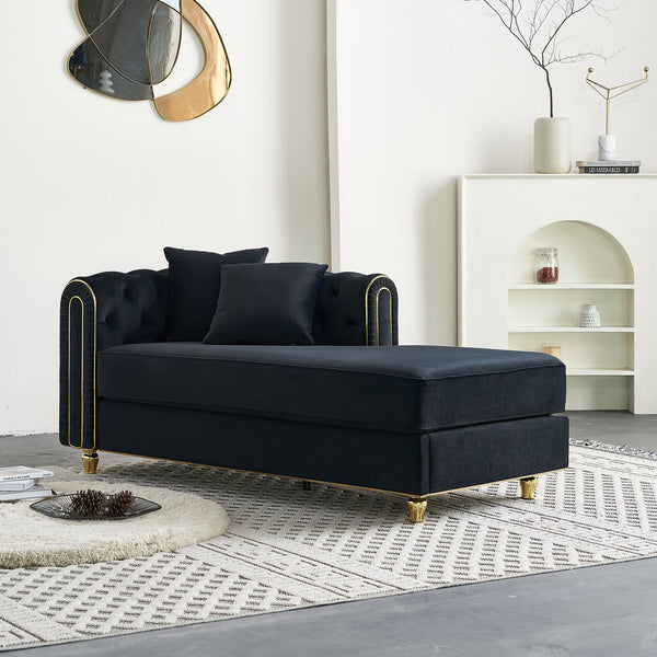 English Elm 66.9''W Velvet Chaise Lounge with Tufted Back and Gold Trim, Luxury Modern Sofa for Living Room Black W579P224635