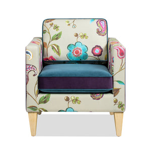 English Elm Jennifer Taylor Home - Mamba Patchwork Accent Chair 28" Teal-Blue Purple Velvet Floral - Removable Cushions, Wood Legs, Modern Track Arms B2719P238277