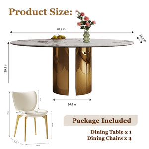 English Elm 70.9-Inch Sintered Stone Oval Dining Table With Copper Base – Modern, Sturdy, Family-Friendly Design! W509S00150
