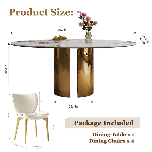 English Elm 70.9-Inch Sintered Stone Oval Dining Table With Copper Base – Modern, Sturdy, Family-Friendly Design! W509S00150