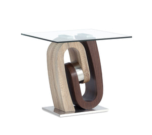 English Elm CHASE Walnut End Table with Geometric Wave Base, Solid Wood, MDF & Glass Top — Contemporary Chic B201S00068