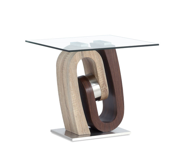 English Elm CHASE Walnut End Table with Geometric Wave Base, Solid Wood, MDF & Glass Top — Contemporary Chic B201S00068