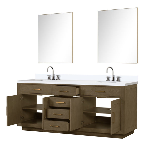 English Elm Grey Oak Double Bath Vanity Set With White Quartz Top, 2 Faucets & 36" Mirrors For Modern Bathrooms B2731S01821