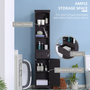 English Elm HOMCOM Tall Bathroom Linen Cabinet – Narrow Free-Standing MDF Tower with 3 Shelves, Drawer, Brown W2225P229566