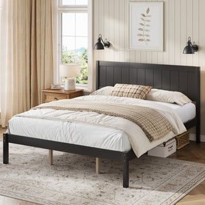English Elm Platform King Bed Solid Pine Panel Headboard Wood Slat Base Modern Bedroom Frame Espresso N709P425341P
