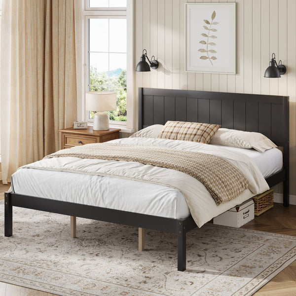 English Elm Platform King Bed Solid Pine Panel Headboard Wood Slat Base Modern Bedroom Frame Espresso N709P425341P