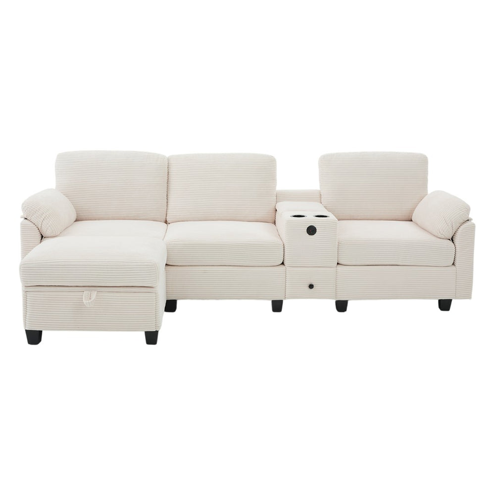 English Elm United L-Type Multifunctional Corduroy Sofa: 4-Seater With Usb, Cup Holders & Hidden Storage Solutions W1568S00227-GIGA