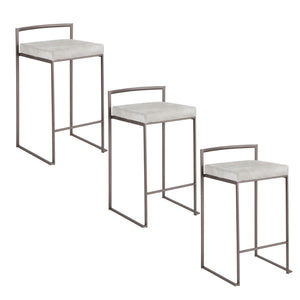 English Elm Fuji 26" Stackable Counter Stools Set Of 3 - Industrial Antique Metal With Soft Grey Fabric Cushions B202P221936