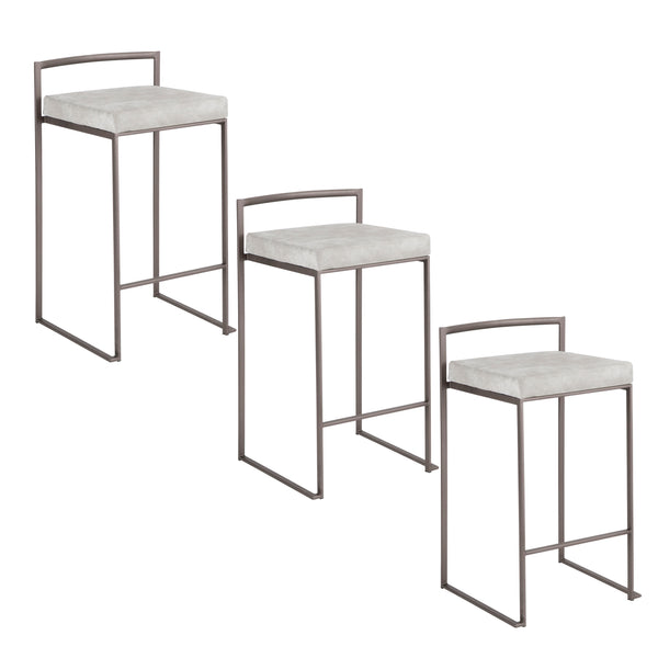English Elm Fuji 26" Stackable Counter Stools Set Of 3 - Industrial Antique Metal With Soft Grey Fabric Cushions B202P221936
