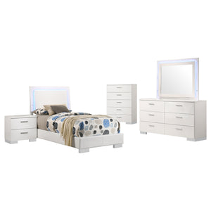 English Elm Dulcey White High Gloss 5-Piece Twin Bedroom Set With Led Headboard & Ample Storage Solutions B062S01339