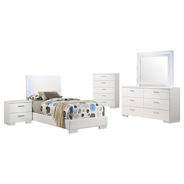 English Elm Dulcey White High Gloss 5-Piece Twin Bedroom Set With Led Headboard & Ample Storage Solutions B062S01339