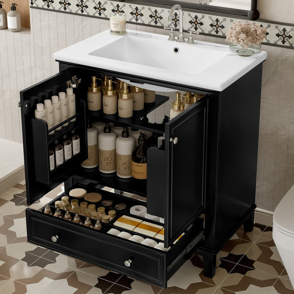 English Elm 30" Bathroom Vanity with Sink — Modern Freestanding 30" Cabinet with Ceramic Top, Drawer, Doors, Shelf Black N725P221263B