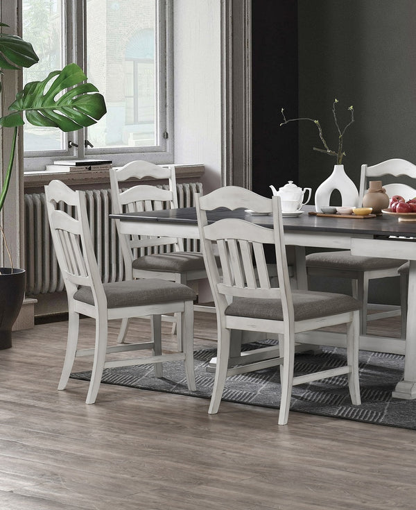 English Elm Antique 7pc Dining Set with Trestle Table, 2 Leaves & 6 Ladder Back Chairs in Grey Rustic White Finish B011S01487